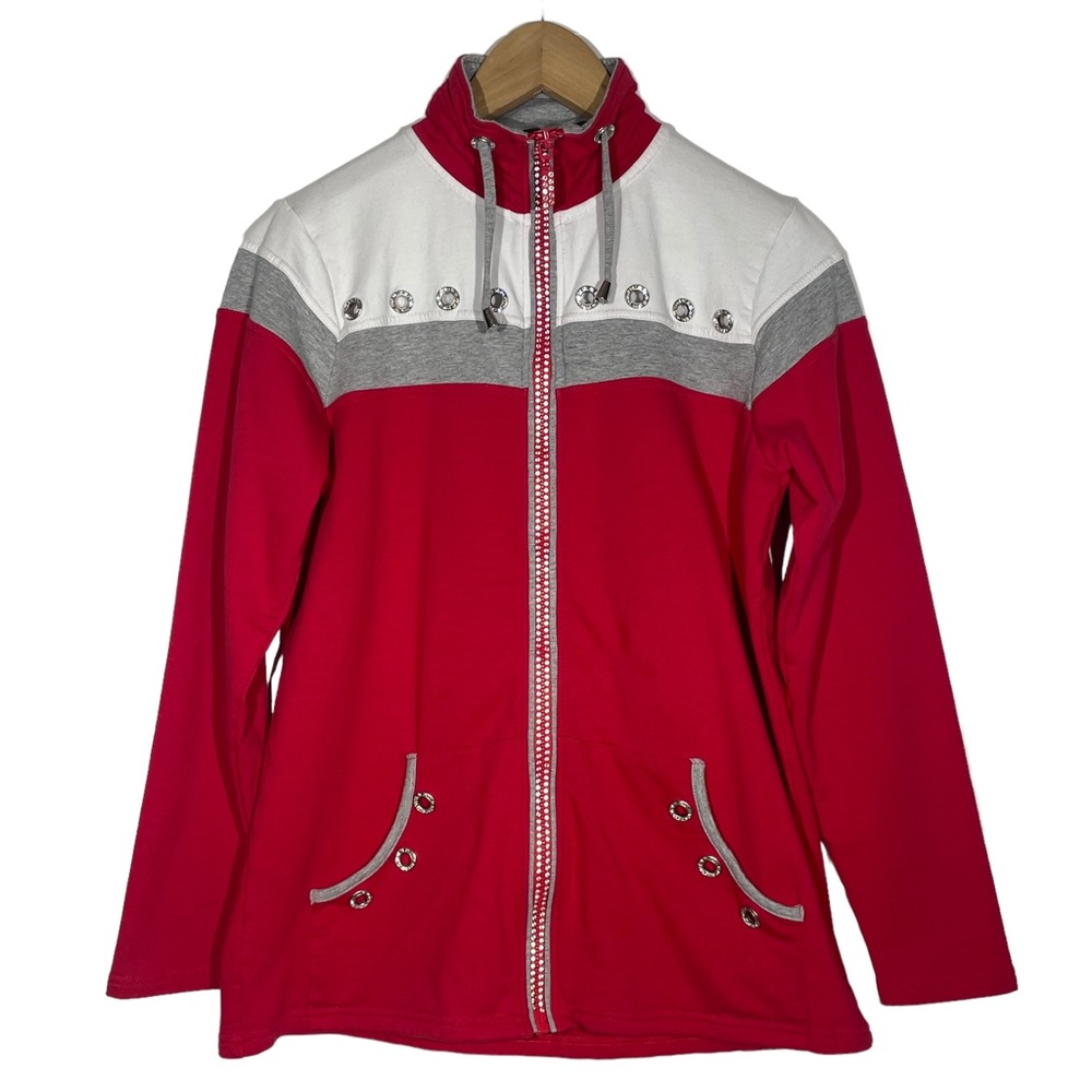 Red and White Rhinestone Bling Zip Up Jacket Drawstrings Small Quacker Factory
